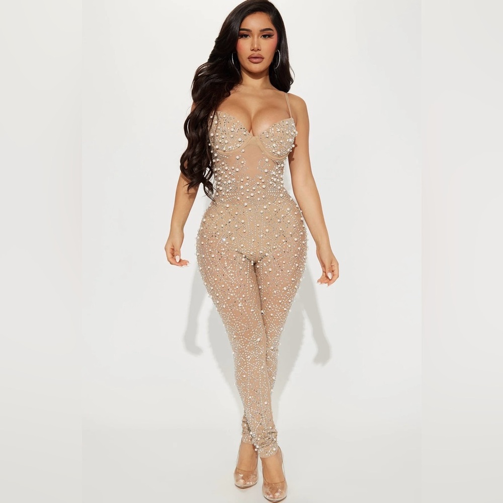 Fashion Nova Party Like It’s My Birthday Embellished Jumpsuit-Nude